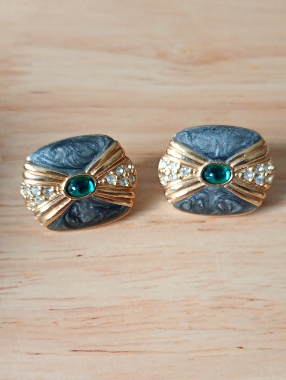 Vintage Avon Gold-Tone Earrings with Green Cabochon and Gray Panels